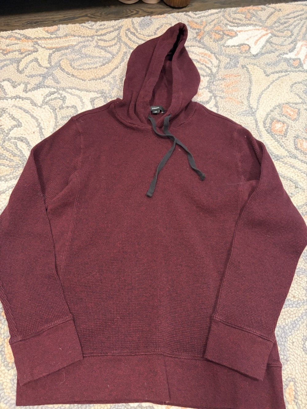 Vince Men's Burgundy Knit Hoodie with Black Drawstrings
